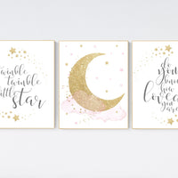 Twinkle twinkle little star, Nursery wall art girl pink gold, baby room decor girl gold and pink, cloud and stars, baby room, moon print