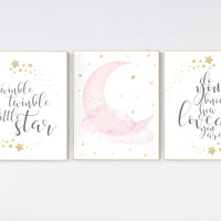 Twinkle twinkle little star, Nursery wall art girl pink gold, baby room decor girl gold and pink, cloud and stars, baby room, moon print
