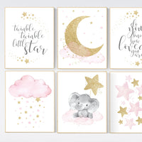 Pink gold nursery, girl room wall art, baby nursery wall art, moon and stars, pink and gold, Nursery decor girl, nursery decor elephant