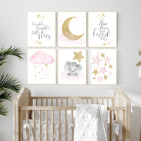Pink gold nursery, girl room wall art, baby nursery wall art, moon and stars, pink and gold, Nursery decor girl, nursery decor elephant