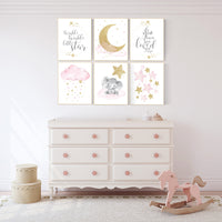 Pink gold nursery, girl room wall art, baby nursery wall art, moon and stars, pink and gold, Nursery decor girl, nursery decor elephant