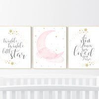 Twinkle twinkle little star, Nursery wall art girl pink gold, baby room decor girl gold and pink, cloud and stars, baby room, moon print