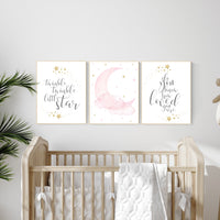 Twinkle twinkle little star, Nursery wall art girl pink gold, baby room decor girl gold and pink, cloud and stars, baby room, moon print