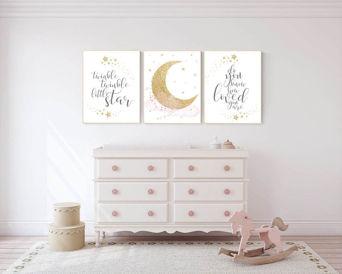 Twinkle twinkle little star, Nursery wall art girl pink gold, baby room decor girl gold and pink, cloud and stars, baby room, moon print