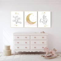 Twinkle twinkle little star, Nursery wall art girl pink gold, baby room decor girl gold and pink, cloud and stars, baby room, moon print