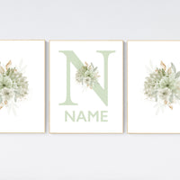 Nursery decor girl flowers, green flowers, herbal, green, mint green, sage green and gold, Nursery decor girl name, girl nursery wall decor