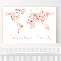 Floral World Map, Girl Nursery Decor, Travel Nursery Art, floral Nursery Print, blush nursery, Nursery baby girl room, Adventure Awaits