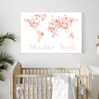 Floral World Map, Girl Nursery Decor, Travel Nursery Art, floral Nursery Print, blush nursery, Nursery baby girl room, Adventure Awaits