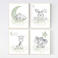 Nursery wall art animals, green nursery, gender neutral nursery, sage green, baby room decor, bear, elephant, giraffe, bunny, animal prints
