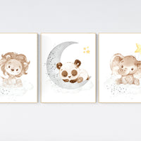 Nursery decor neutral, Yellow gray nursery, nursery wall art animals, elephant, lion, panda, moon, stars, gender neutral, yellow and gray