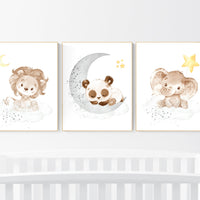 Nursery decor neutral, Yellow gray nursery, nursery wall art animals, elephant, lion, panda, moon, stars, gender neutral, yellow and gray