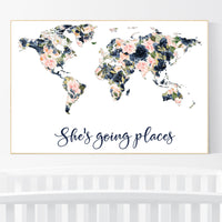 Floral nursery, Blush and navy, girl nursery, map nursery art, world map, girl room decor, girl nursery, blush navy, girl nursery ideas
