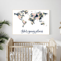 Floral nursery, Blush and navy, girl nursery, map nursery art, world map, girl room decor, girl nursery, blush navy, girl nursery ideas