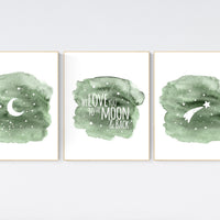 Nursery decor, sage green, gender neutral nursery, green nursery decor, moon nursery, we love you to the moon and back, moon and stars