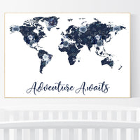 Floral nursery, girl nursery, map nursery art, world map, girl room decor, girl nursery, navy blue, girl nursery ideas