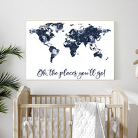 Floral nursery, girl nursery, map nursery art, world map, girl room decor, girl nursery, navy blue, girl nursery ideas