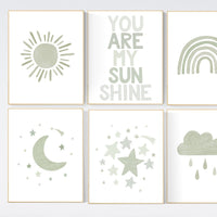 Nursery prints rainbow, gender neutral, sage green nursery wall decor, rainbow, sun, your are my sunshine, nursery decor neutral, green