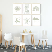 Nursery prints rainbow, gender neutral, sage green nursery wall decor, rainbow, sun, your are my sunshine, nursery decor neutral, green