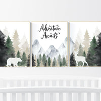 Nursery decor woodland, mountain wall art, tree nursery decor, adventure theme nursery, forest, sage green, beige, woodland animals