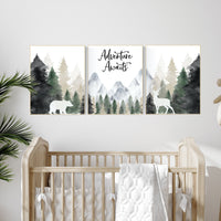 Nursery decor woodland, mountain wall art, tree nursery decor, adventure theme nursery, forest, sage green, beige, woodland animals
