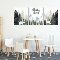 Nursery decor woodland, mountain wall art, tree nursery decor, adventure theme nursery, forest, sage green, beige, woodland animals