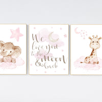 Animal nursery, nursery decor girl pink gray, nursery decor girl woodland animals, teddy bear, elephant, giraffe, baby girl nursery prints