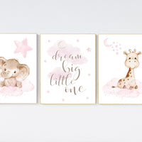 Nursery decor girl pink, woodland animals, nursery decor girl woodland animals, dream big little one, elephant, giraffe, Animal nursery