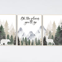 Nursery decor woodland, mountain wall art, tree nursery decor, adventure theme nursery, forest, sage green, beige, woodland animals