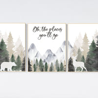 Nursery decor woodland, mountain wall art, tree nursery decor, adventure theme nursery, forest, sage green, beige, woodland animals