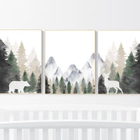 Nursery decor mountain, nursery wall art, tree nursery decor, adventure theme nursery, forest, sage green, beige, woodland animals