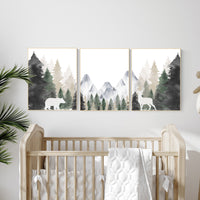 Nursery decor mountain, nursery wall art, tree nursery decor, adventure theme nursery, forest, sage green, beige, woodland animals