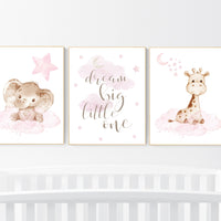 Nursery decor girl pink, woodland animals, nursery decor girl woodland animals, dream big little one, elephant, giraffe, Animal nursery