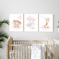 Nursery decor girl pink, woodland animals, nursery decor girl woodland animals, dream big little one, elephant, giraffe, Animal nursery