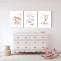 Nursery decor girl pink, woodland animals, nursery decor girl woodland animals, dream big little one, elephant, giraffe, Animal nursery