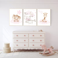 Animal nursery, nursery decor girl pink gray, nursery decor girl woodland animals, teddy bear, elephant, giraffe, baby girl nursery prints