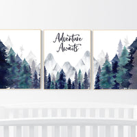 Nursery decor woodland, mountain wall art, tree nursery decor, adventure theme nursery, forest, navy and teal, woodland animals