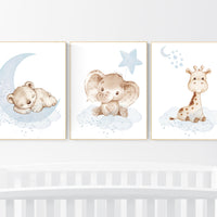 Nursery wall art animals, baby room decor blue gray, baby room decor bear, elephant, giraffe, animal nursery decor, nursery prints