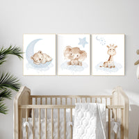 Nursery wall art animals, baby room decor blue gray, baby room decor bear, elephant, giraffe, animal nursery decor, nursery prints