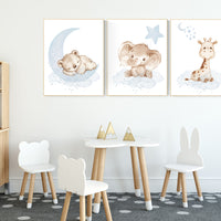 Nursery wall art animals, baby room decor blue gray, baby room decor bear, elephant, giraffe, animal nursery decor, nursery prints