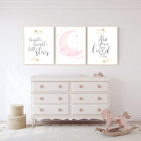 Twinkle twinkle little star, Nursery wall art girl pink gold, baby room decor girl gold and pink, cloud and stars, baby room, moon print
