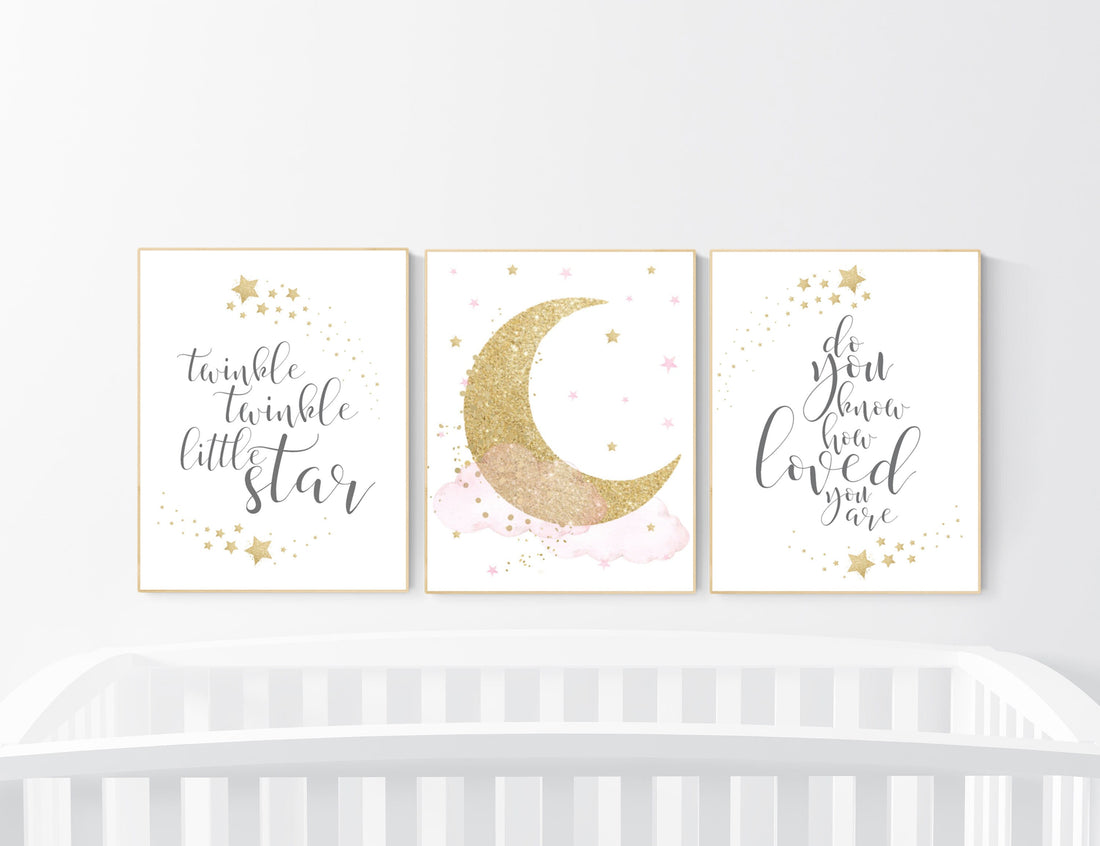 Twinkle twinkle little star, Nursery wall art girl pink gold, baby room decor girl gold and pink, cloud and stars, baby room, moon print