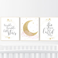 Twinkle twinkle little star, Nursery wall art girl pink gold, baby room decor girl gold and pink, cloud and stars, baby room, moon print