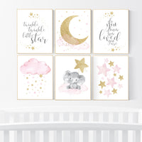Pink gold nursery, girl room wall art, baby nursery wall art, moon and stars, pink and gold, Nursery decor girl, nursery decor elephant