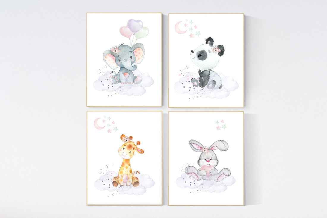 Nursery decor floral jungle, nursery decor animals, Nursery wall art girl elephant, giraffe, bear, pink, purple, girl nursery wall decor