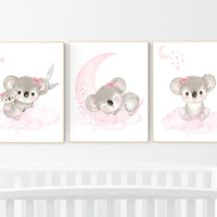 Koala nursery decor, pink nursery, Nursery decor girl, koala print, pink nursery art, animal prints, pink nursery, baby girl room decor,