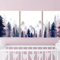 Nursery decor woodland, mountain wall art, tree nursery decor, adventure theme nursery, forest, navy and pink, woodland animals, navy pink