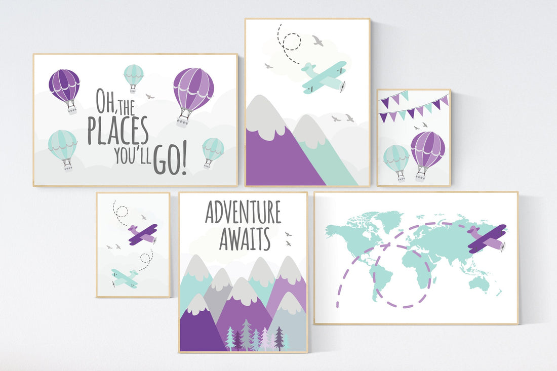 Nursery decor girl adventure, mountain, purple teal, Adventure theme nursery, hot air balloon, world map, adventure awaits, travel nursery