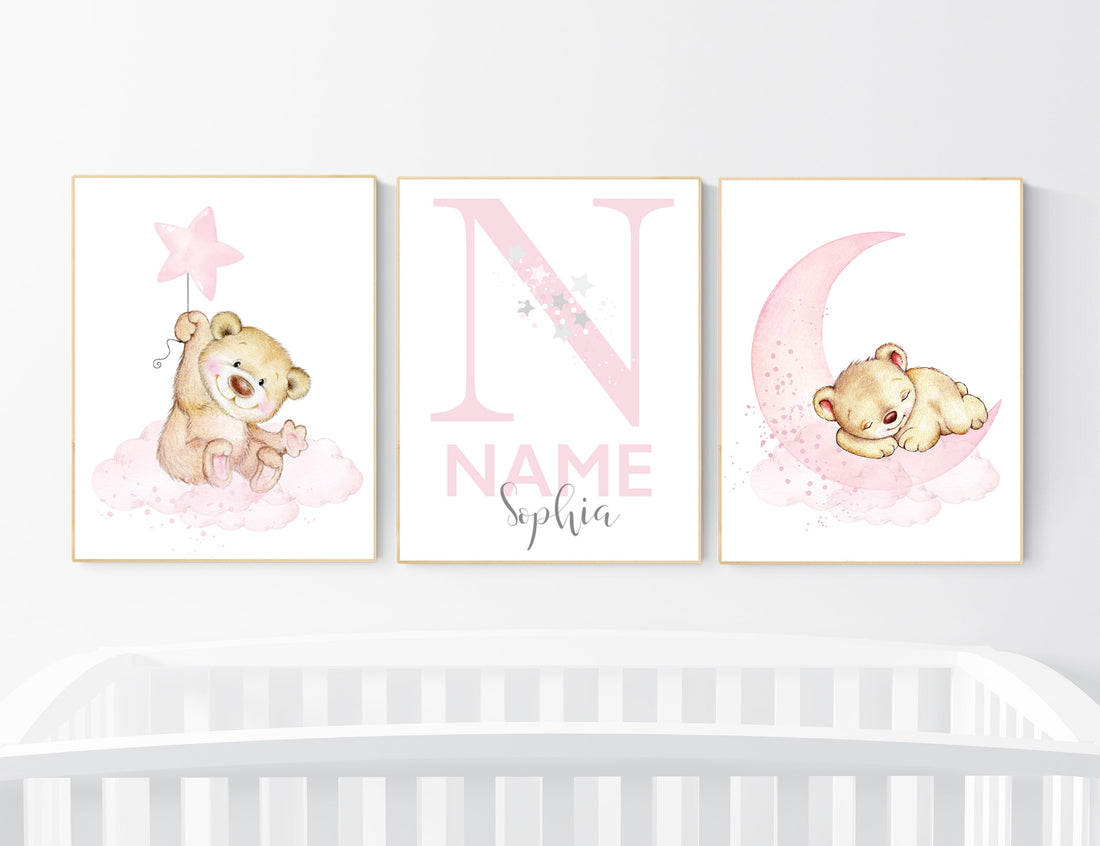 Nursery decor bear, nursery decor girl, bear nursery print, teddy bear decor, nursery wall art animals, girl nursery, pink nursery