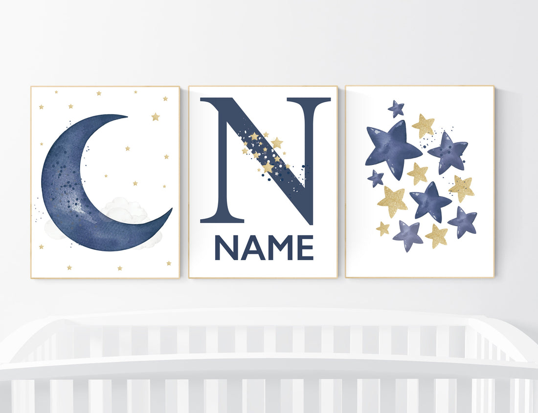 Navy nursery decor, cloud and stars, moon and stars, navy gold nursery art. baby room wall art, boy nursery decor, set of 3, nursery art