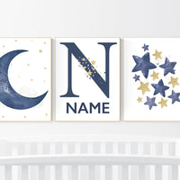Navy nursery decor, cloud and stars, moon and stars, navy gold nursery art. baby room wall art, boy nursery decor, set of 3, nursery art